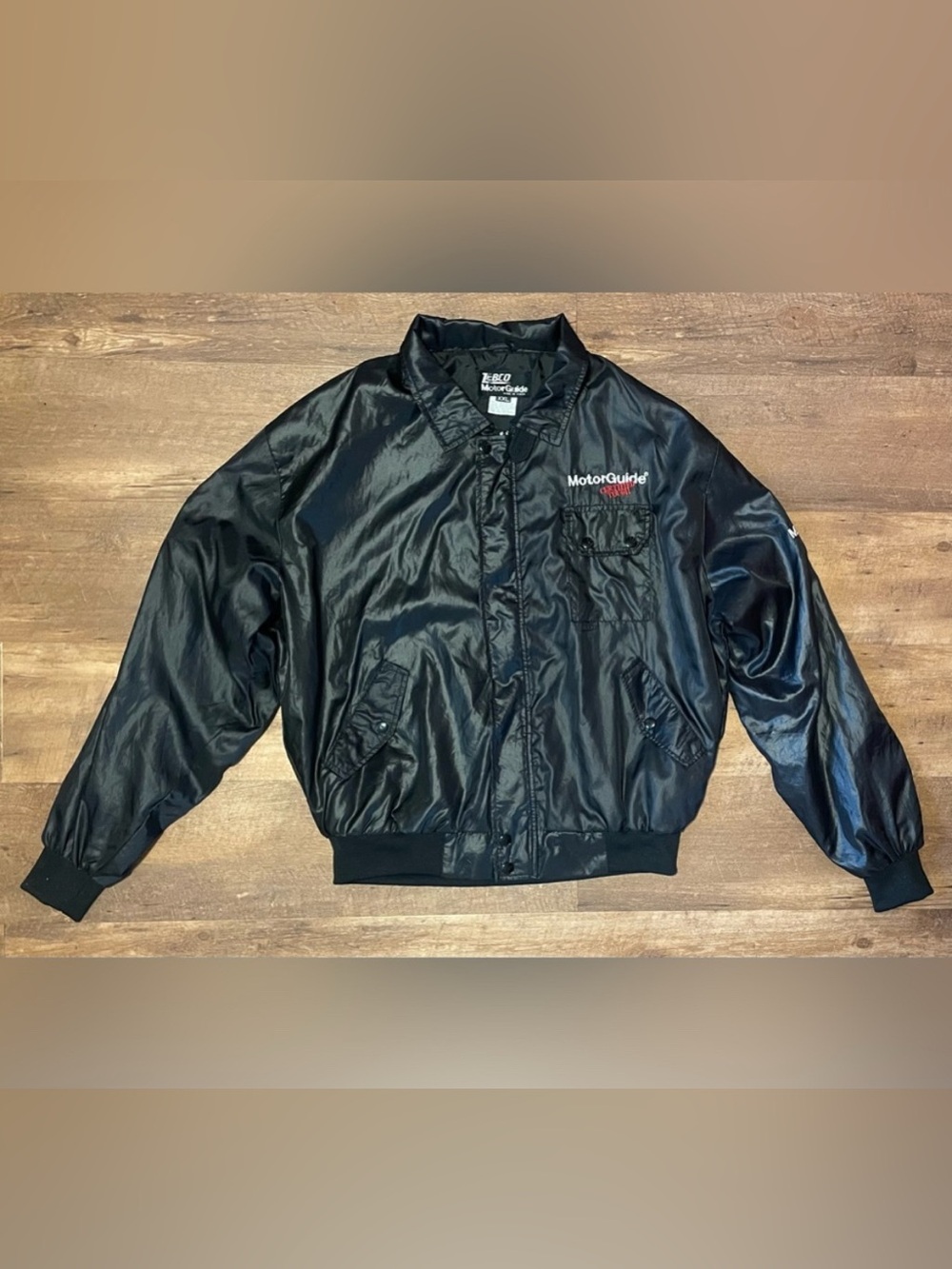 Vintage Zebco MotorGuide black certified tough windbreaker bomber jacket large